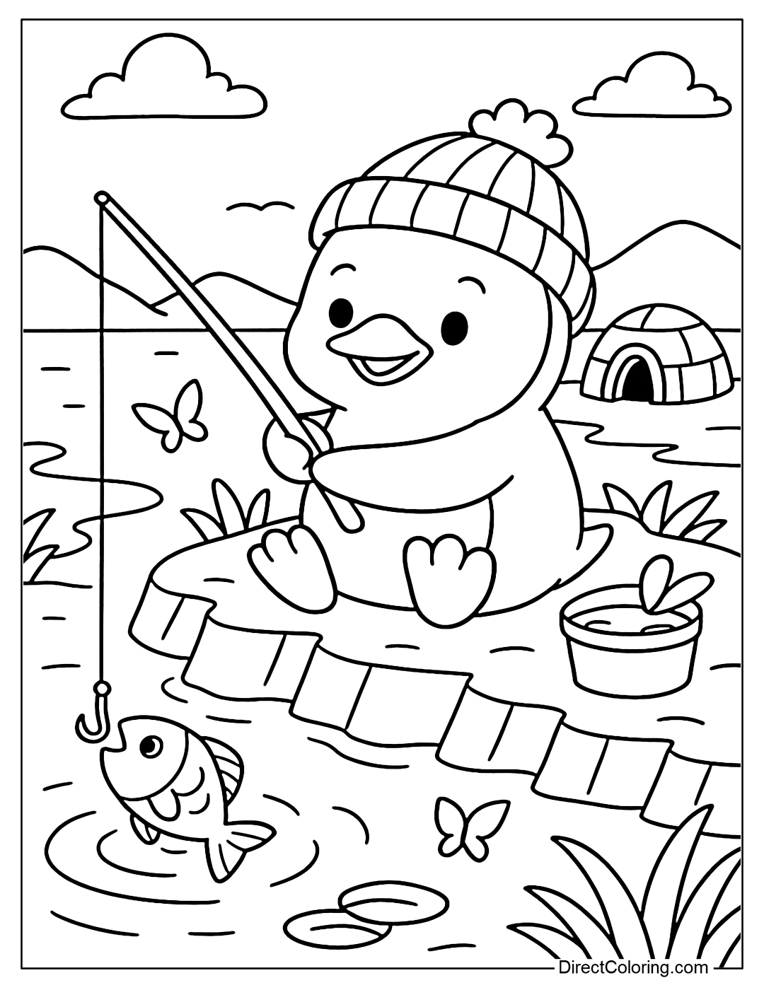 A penguin coloring page fishing on ice, with a small tent and fish under the ice hole.